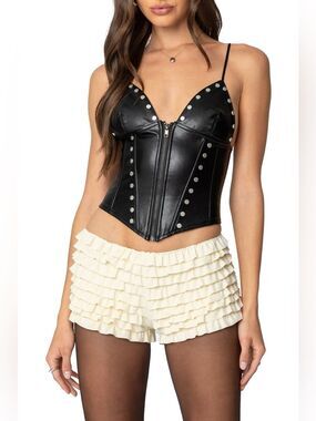 (B3) Edikted Black Faux Leather Studded Corset Zip Tank, Size S.